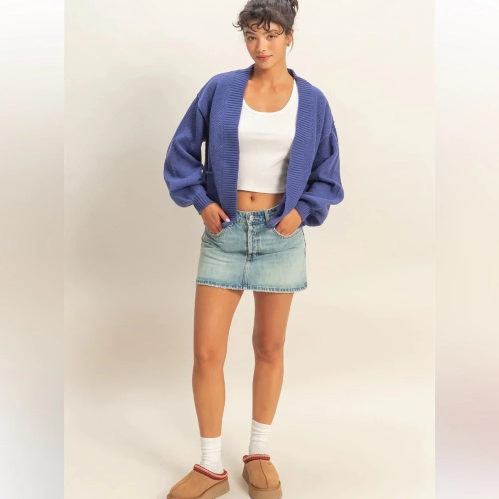 Double Zero Oversized Textured Knit Cardigan Sweater – Dusty Indigo (S, M, L)